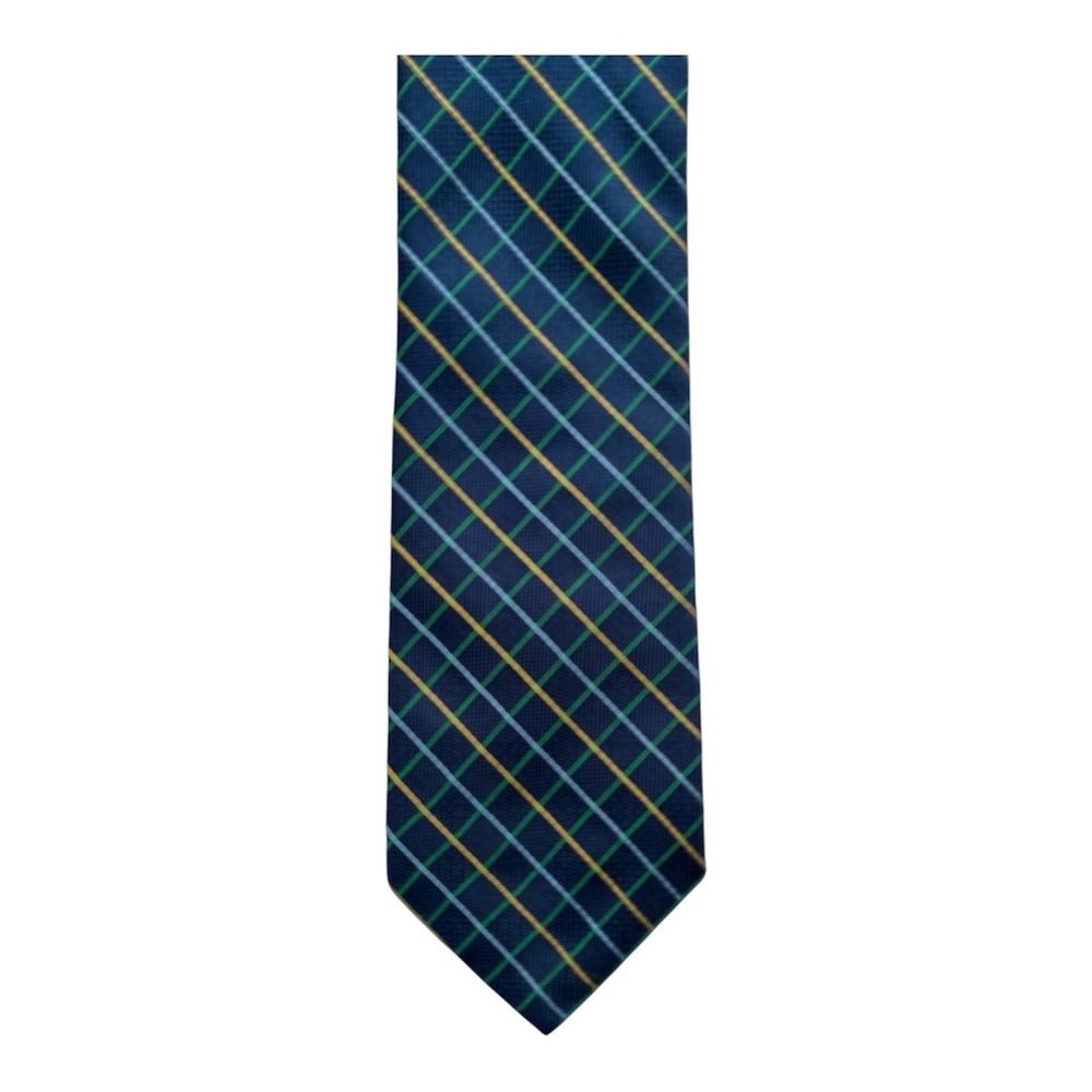 Brooks Brothers Mens Silk Tie Navy Blue Yellow Green Plaid Windowpane USA Made